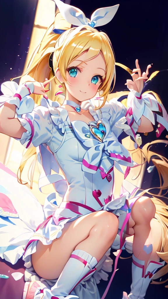 A teenager with straight blonde hair, and wispy blonde bangs, pastel blue earmuffs with a tiny pink bow on it, a pink and white striped top with a blue part part of the top where her boobs are, pastel pink big arm warmers, a white and empty background, 8k, blue eyes, and in a pose with her hands in a heart shape