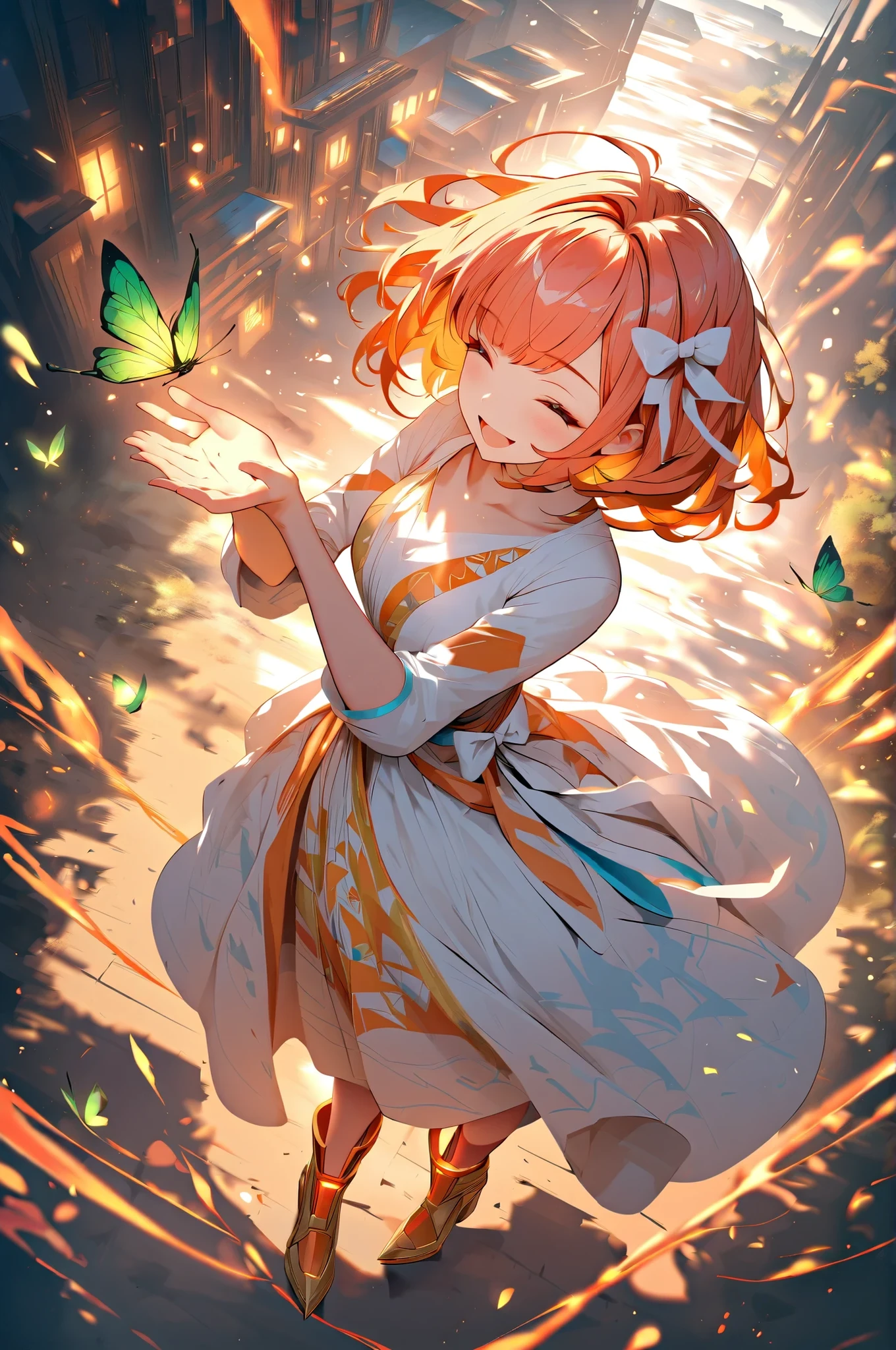 (masterpiece, best quality),solo,sherryg,a girl\(pink orange bob hair,closed eyes,open her mouth,big smile),clothes\(white fluffy long one piece dress, orange cute patterns on the dress,orange laser boots with white bow\),she looks solo green butterfly on her hands,from above,Dutch angle,mythical atmospheher,HDR,8k