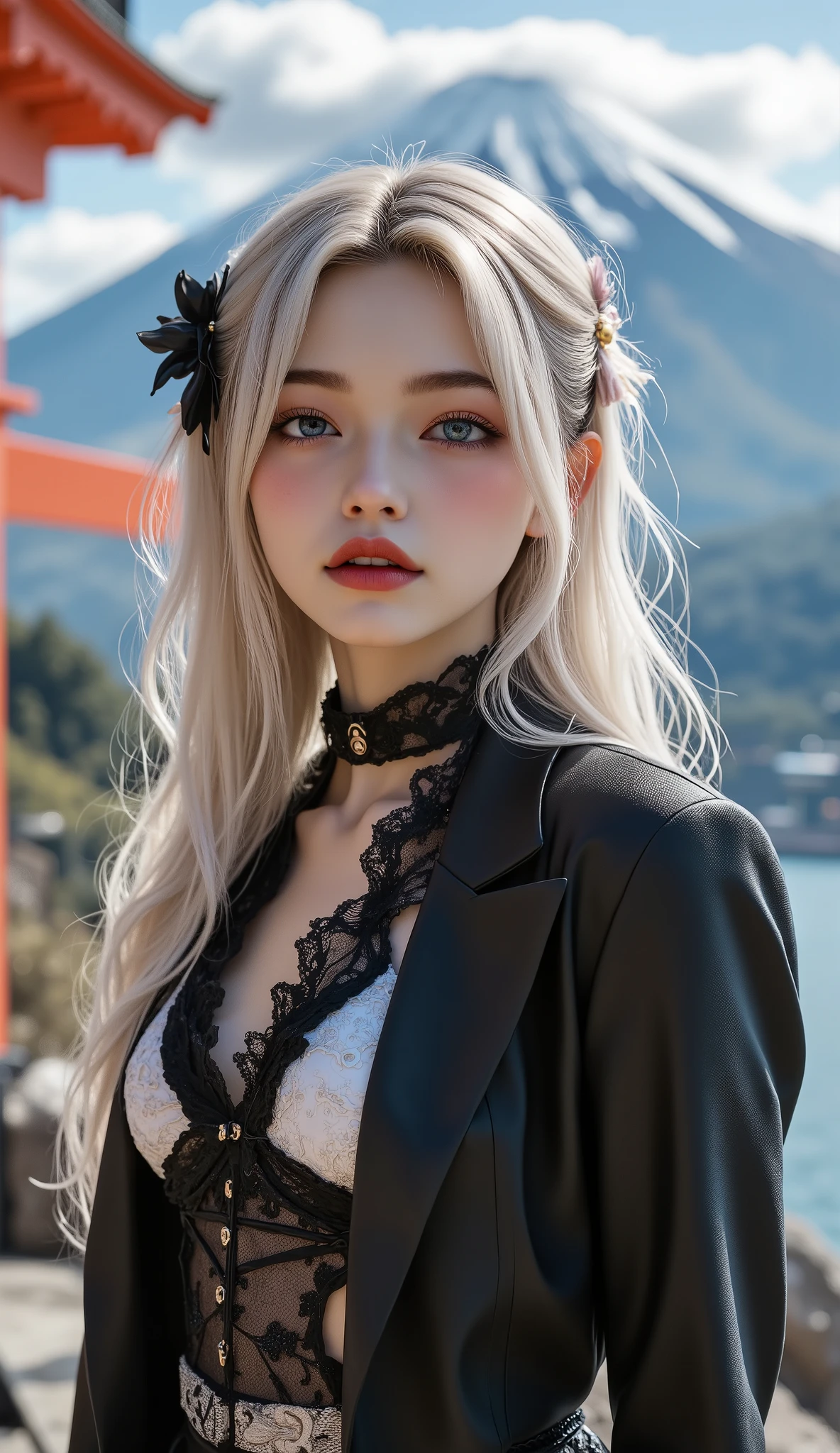  [Style: - "8k, masterpiece, realistic, Photorealistic realism, Hyper high resolution" - "highest quality, intricate ultra-detailed digital art"] (Key Directive: - "The priority is the anatomical accuracy and texture of the materials" - "Ultra-sharp human eyes with biological accuracy") {Character: "a beautiful girl, [Rosé from blackpink((firm and full breasts))]" | Face: "full lips, pink lipstick, intense gaze" | Eyes: - "((sharp focus, no blurry eyes, Hyper absurd quality, Hyper details, Hyper realistic blue eyes:1.4))" - "((extra narrow eyebrows))" - "(Carefully draw Long blue_mascara:1.2)" - "(perfect round eyes)" | Hair: "long hair, white hair, curls at the ends of the hair, hair above one eye,((long combed to the side:1.23))" | Pose: "elegant pose" Outfit: [Top: "modest office suit {black,elegant,leather}, (shiny accessories)" | ("laced white undershirt") | Shoes: "[high heels (black leather)"] [Bottom: "Gothic Punk Ruffle Skirt, Black, Leather (Lace with Mesh, White Lacing)" - "Ultra Intricate Details ((She is the embodiment of beauty and grace)" Environment: "[Mt. Fuji tori]" Lighting: "studio lighting, monochromatic, striking contrast, dramatic shadows" (Rendering engine: "Unreal Engine 5 path tracing, 16K texture maps") | The ultra-Highres,Unreal 5,Subsurface scattering,PBR Texturing,Post-Processing,Anisotropic Filtering,depth of fields,Maximum Sharpness and Sharpness,multi-layered texture,Albedo and Specular maps,Surface Shading,Precise simulation of light-material interactions,perfectly proportions,Octane rendering,Two-tone illumination,Wide Aperture, low ISO, white balance, The rule of thirds
