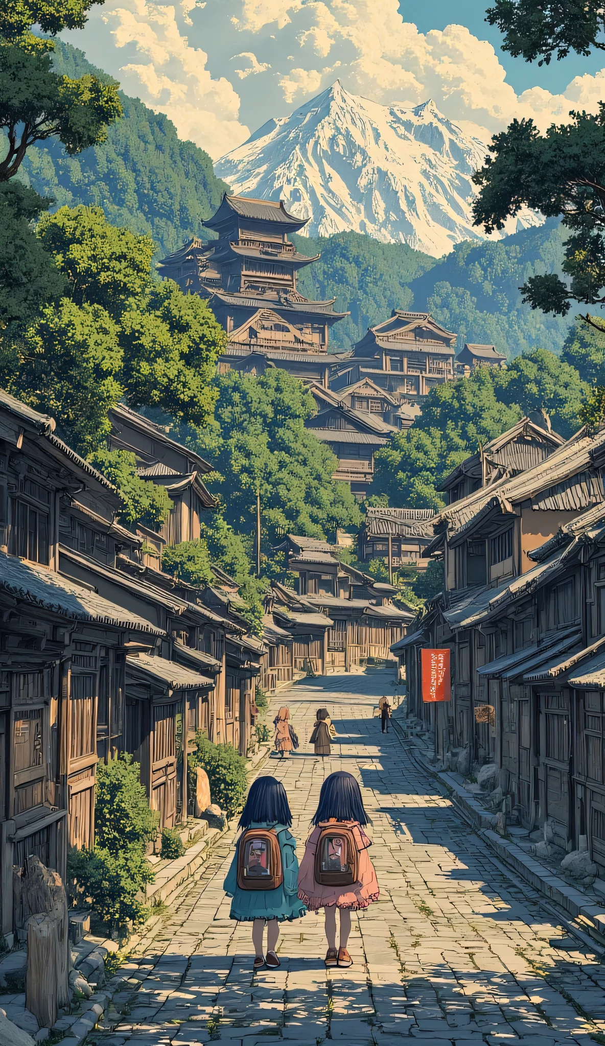 a view of a castle in the middle of a forest with a mountain in the background, japanese city, japonisme 3 d 8 k ultra detailed, japanese town, feudal japan, japanese temples, feudal japan art, japanese landscape, medieval japan, japan. volumetric lighting, in feudal japan, the style of andreas rocha, ancient japanese architecture