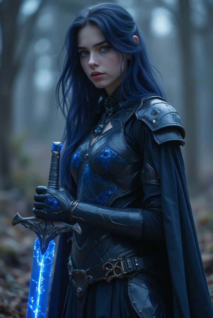Evil (Alyssa White Gluz), aetheral beauty, blue hair, blue eyes, full body. Gothic warrior, black lather, a guitar sword in her hand, fully detailled. in Royo and Wlop style.