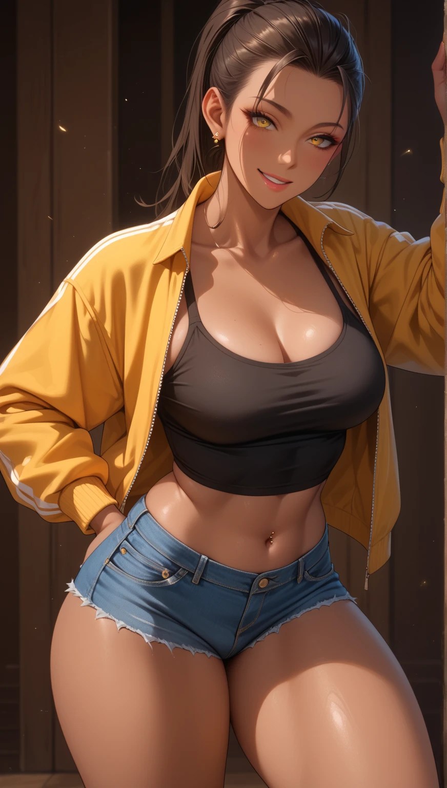 (8k, best quality, masterpiece:1.2), (realistic, photo-realistic:1.37), ultra-detailed, 1 girl,cute, solo, ,beautiful detailed blue eyes, medium wavy hair, sitting on a couch, , smiling, looking at viewer, ,light brown hair, black lips, black lipstick, full body view, , whole body shot, red hat, , , nsfw, choker, yellow shirt, denim jacket, dark long leggings, black fingerless gloves, red sneakers, big breasts