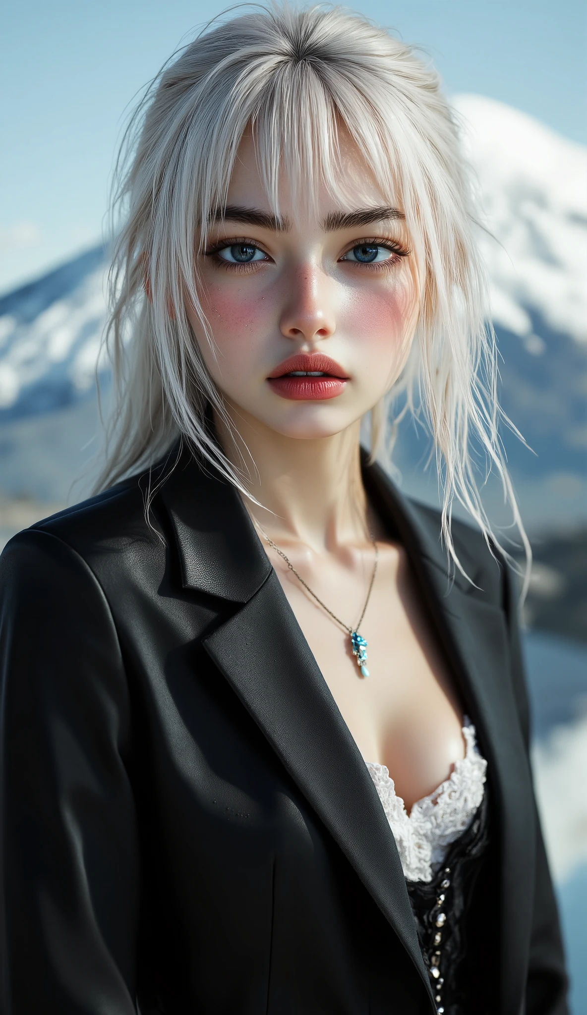  [Style: - "8k, masterpiece, realistic, Photorealistic realism, Hyper high resolution" - "highest quality, intricate ultra-detailed digital art"] (Key Directive: - "The priority is the anatomical accuracy and texture of the materials" - "Ultra-sharp human eyes with biological accuracy") {Character: "a beautiful girl, [Rosé from blackpink((firm and full breasts))]" | Face: "full lips, pink lipstick, intense gaze" | Eyes: - "((sharp focus, no blurry eyes, Hyper absurd quality, Hyper details, Hyper realistic blue eyes:1.4))" - "((extra narrow eyebrows))" - "(Carefully draw Long blue_mascara:1.2)" - "(perfect round eyes)" | Hair: "long hair, white hair, curls at the ends of the hair, hair above one eye,((long combed to the side:1.23))" | Pose: "elegant pose" Outfit: [Top: "modest office suit {black,elegant,leather}, (shiny accessories)" | ("laced white undershirt") | Shoes: "[high heels (black leather)"] [Bottom: "(Gothic Punk Ruffle Skirt, Black, Leather):1.25" - "Ultra Intricate Details ((She is the embodiment of beauty and grace)" Environment: "[Mt. Fuji tori]" Lighting: "studio lighting, monochromatic, striking contrast, dramatic shadows" (Rendering engine: "Unreal Engine 5 path tracing, 16K texture maps") | The ultra-Highres,Unreal 5,Subsurface scattering,PBR Texturing,Post-Processing,Anisotropic Filtering,depth of fields,Maximum Sharpness and Sharpness,multi-layered texture,Albedo and Specular maps,Surface Shading,Precise simulation of light-material interactions,perfectly proportions,Octane rendering,Two-tone illumination,Wide Aperture, low ISO, white balance, The rule of thirds