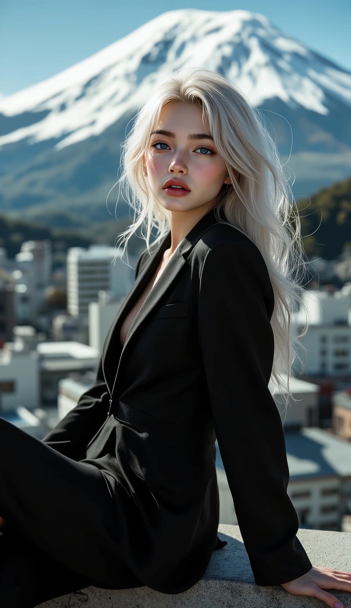  [Style: - "8k, masterpiece, realistic, Photorealistic realism, Hyper high resolution" - "highest quality, intricate ultra-detailed digital art"] (Key Directive: - "The priority is the anatomical accuracy and texture of the materials" - "Ultra-sharp human eyes with biological accuracy") {Character: "a beautiful girl [(firm and full breasts:1.3)]" | Face: "full lips, pink lipstick, intense gaze" | Eyes: - "((sharp focus, no blurry eyes, Hyper absurd quality, Hyper details, Hyper realistic blue eyes:1.4))" - "((extra narrow eyebrows))" - "(Carefully draw Long blue_mascara:1.2)" - "(perfect round eyes)" | Hair: "long hair, white hair, curls at the ends of the hair, hair above one eye,((long combed to the side:1.23))" | Pose: "elegant pose" Outfit: [Top: "modest office suit {black,elegant,leather}, (shiny accessories)" | ("laced white undershirt") | Shoes: "[high heels (black leather)"] [Bottom: "(Gothic Punk Ruffle Skirt, Black, Leather):1.25" - "Ultra Intricate Details ((She is the embodiment of beauty and grace)" Environment: "[Mt. Fuji tori]" Lighting: "studio lighting, monochromatic, striking contrast, dramatic shadows" (Rendering engine: "Unreal Engine 5 path tracing, 16K texture maps") | The ultra-Highres,Unreal 5,Subsurface scattering,PBR Texturing,Post-Processing,Anisotropic Filtering,depth of fields,Maximum Sharpness and Sharpness,multi-layered texture,Albedo and Specular maps,Surface Shading,Precise simulation of light-material interactions,perfectly proportions,Octane rendering,Two-tone illumination,Wide Aperture, low ISO, white balance, The rule of thirds