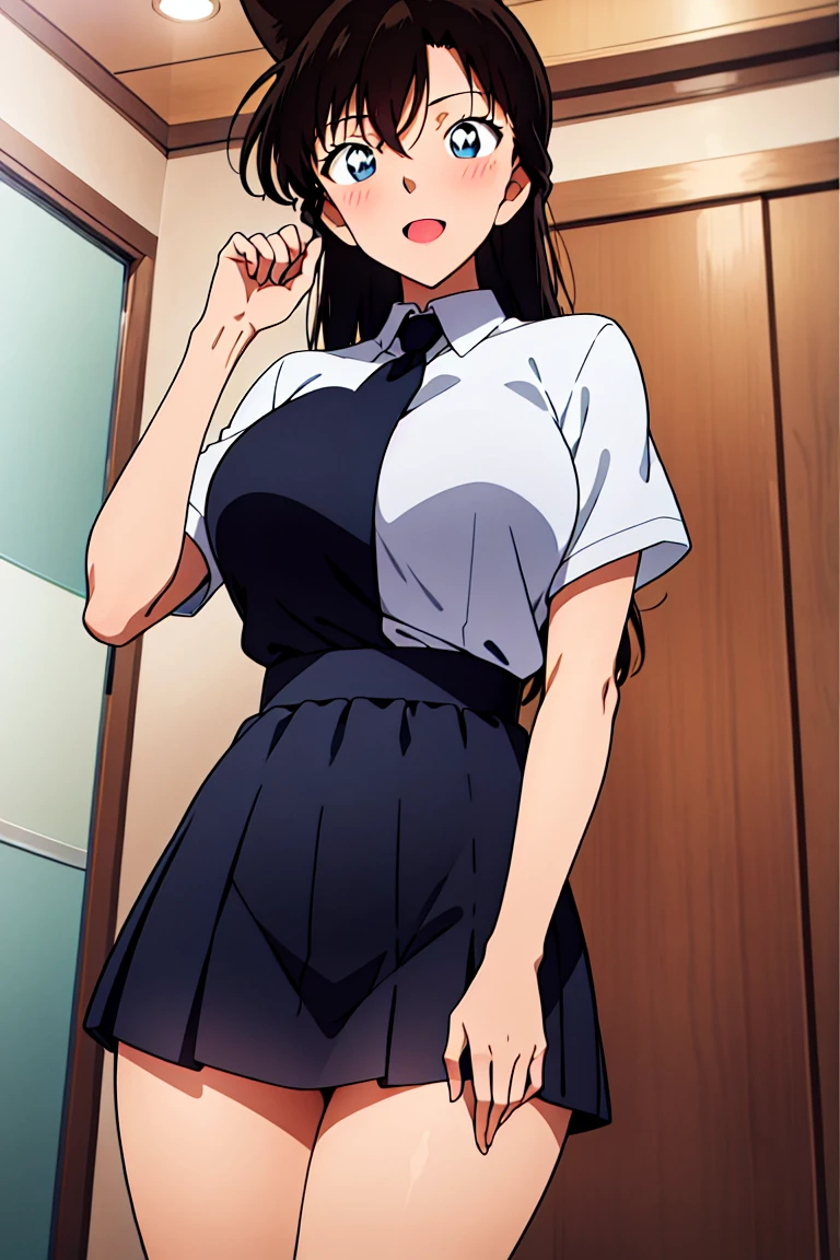 Koyomi Mizuhara, brown hair, long hair, bangs, glasses, ears, nose, white gym shirt, red high cut underwear, socks, shoes, big breasts, wallpaper, luscious lips, curvy waistline, view from back, standing upright, firm ass, skin tight, tight ass cheeks, 1999