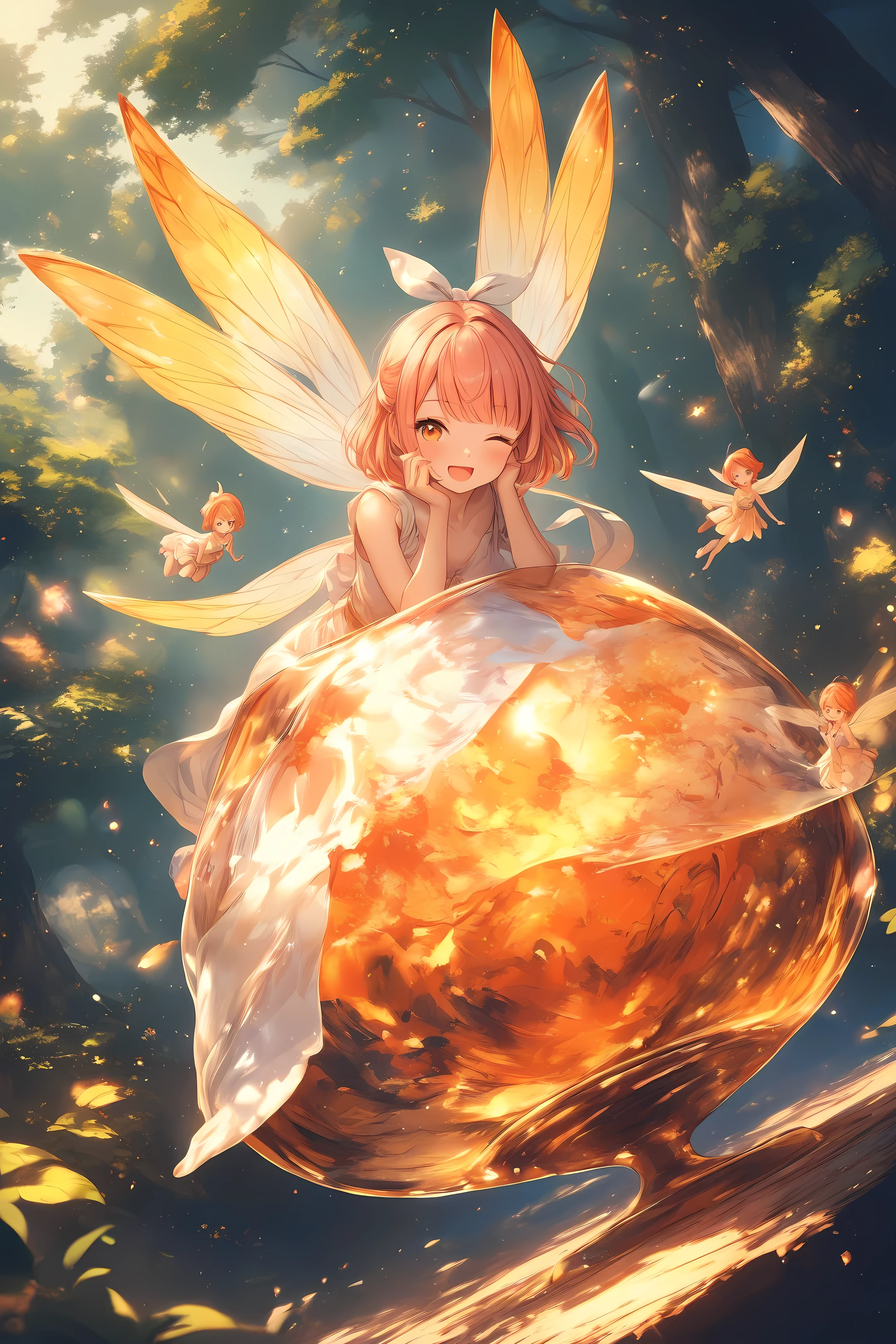 (masterpiece, best quality),solo,sherryg,a girl\(pink orange bob hair,big orange eyes,one eye closed,one ginger to her cheek,open her mouth,big smile),clothes\(white fluffy long one piece dress, [cute orange patterns],soft orange laser boots with white bow\),she has huge crystal bowl,a little cute fairy in the bowl,white fairy,details of the fairy,Dutch angle,beautiful forest background,happy atmosphere,HDR,8k                                                            