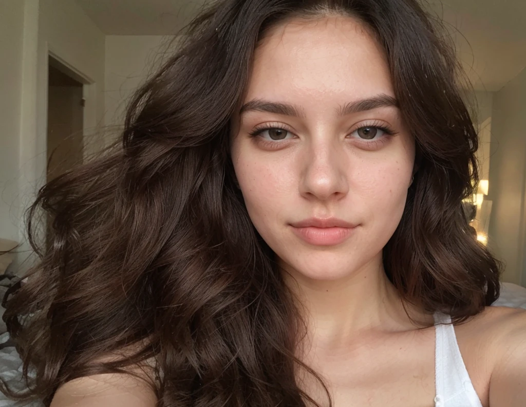 A beautiful woman, dark brown hair, 24 years old, selfie in home, black dress, Morgana Carlos face similar