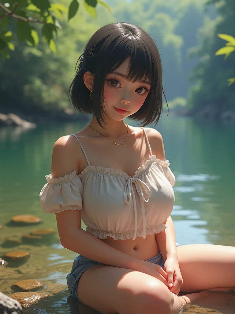 Teenage cinematic feel，Upper nudity，Quiet，Textured texture，Meadow under the sun，Large breasts，Clear bandeau white，Get wet