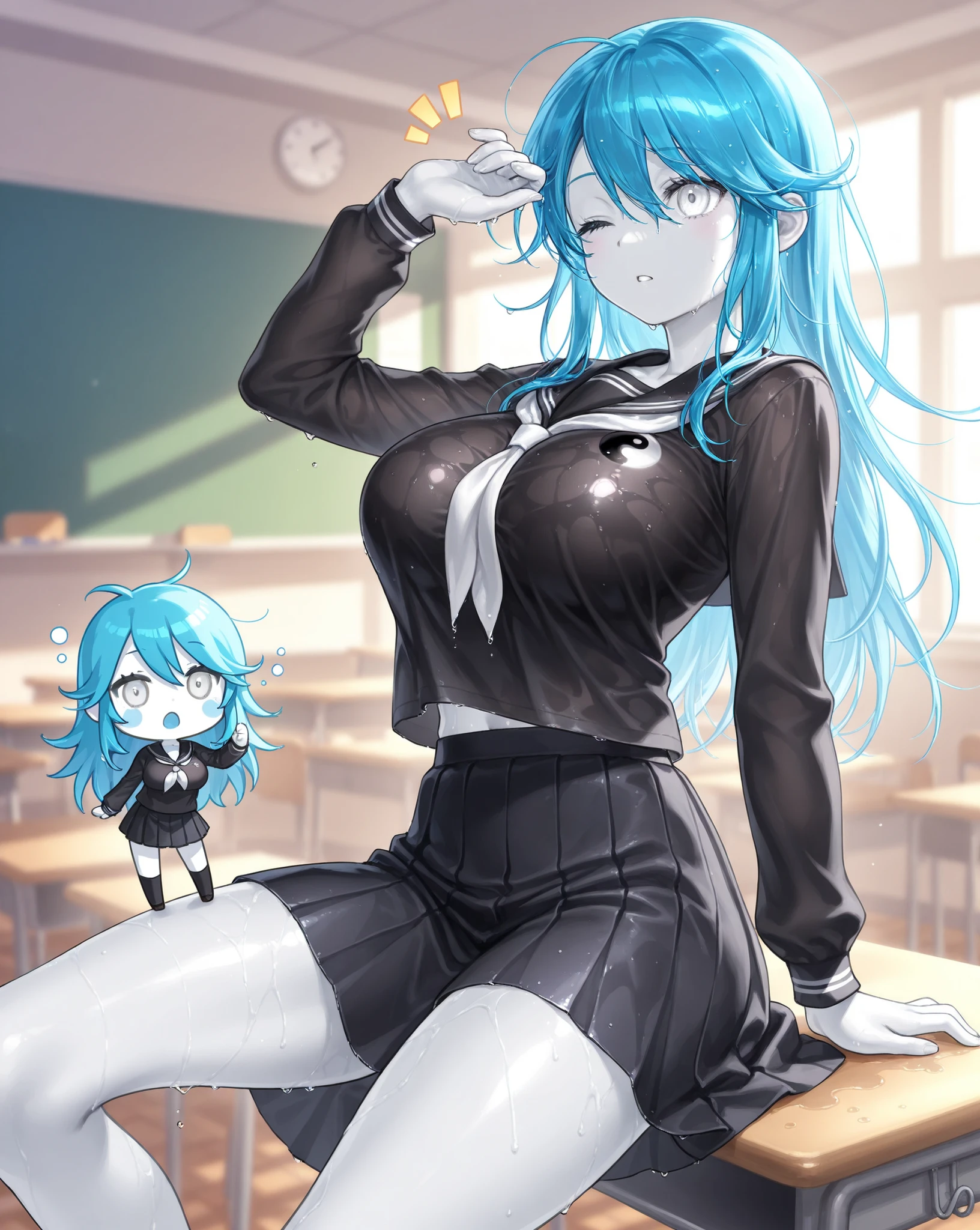 best image quality、high resolution、 GalaxyBlue hair、white eyes、beautiful breasts、 best thighs、 long hair、best image quality、Game、special eye 、white skin、Surprise face、Octopus、wet bodies、Puzzle & Dragons、school classroom、wet hair、Bedhead、Waking up、Magatama、Big Breasts、Yin Yang Jade、illustrations、close one eye、Emoko、Chibi Characters、black Y shirt、Black Skirt、Black school uniform、clear line、