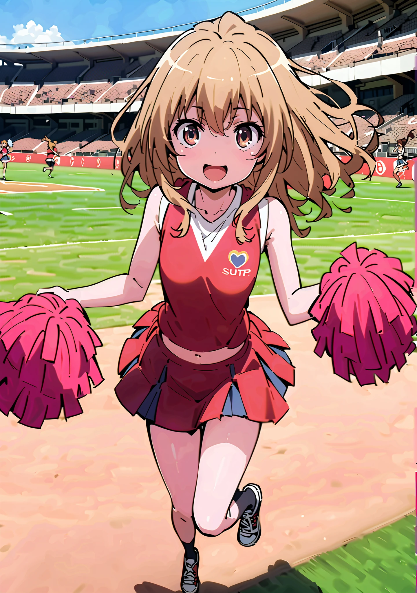 TaigaAisaka, Aisaka Taiga, solo,long hair, brown hair, long hair,brown eyes,Glowing Skin,smile,cover,opens her mouth, small ,(Cheerleading), (full body), on chest, (I sweated), I sweated Wet Clothes, (Red clothing),sleeveless, red pleated skirt,black socks,sneakers with a ladyback letter,belly button stick, playground, (jump), (jump), 足を曲げてjumpする,blue sky, Compa, smile,cheerleader, Pom-pom \(Cheerleading\) real hair ornaments,angle from below,audience,full bodyがイラストに入るように,break outdoors,Stadium,
break looking at viewer,full body,
break (masterpiece:1.2),Best Quality ,Kampala,unity 8k 壁紙,(shape:0.8),( fine and beautiful eyes :1.6),It's a person ,full body写真,CG Details , (perfect hand,complete anatomy),