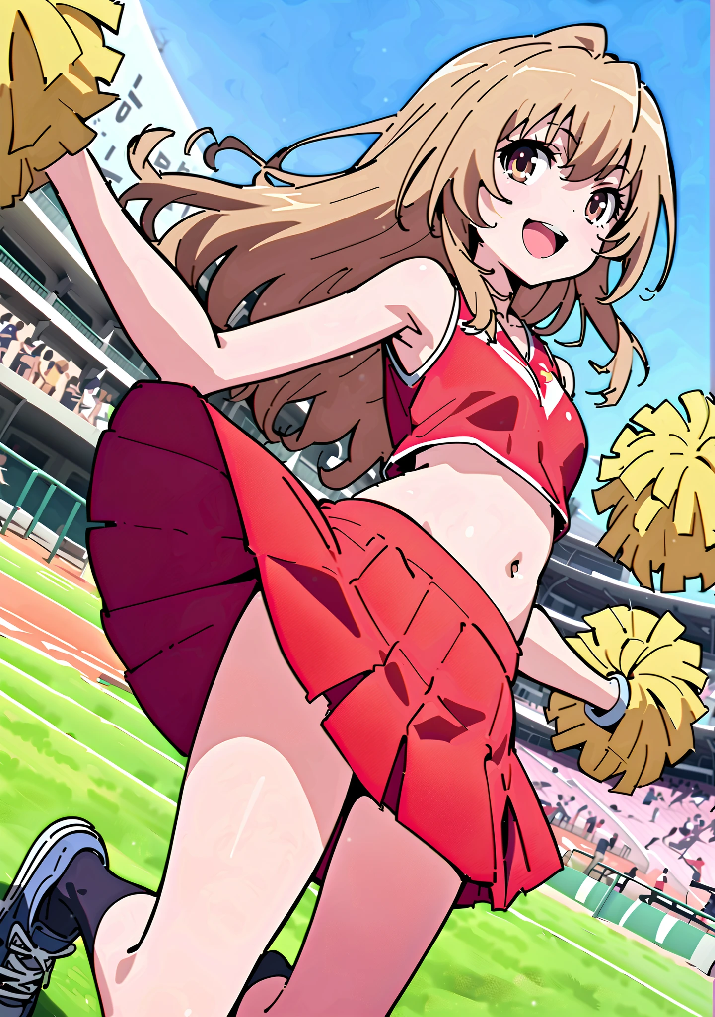 TaigaAisaka, Aisaka Taiga, solo,long hair, brown hair, long hair,brown eyes,Glowing Skin,smile,cover,opens her mouth, small ,(Cheerleading), (full body), on chest, (I sweated), I sweated Wet Clothes, (Red clothing),sleeveless, red pleated skirt,black socks,sneakers with a ladyback letter,belly button stick, playground, (jump), (jump), 足を曲げてjumpする,blue sky, Compa, smile,cheerleader, Pom-pom \(Cheerleading\) real hair ornaments,angle from below,audience,full bodyがイラストに入るように,break outdoors,Stadium,
break looking at viewer,full body,
break (masterpiece:1.2),Best Quality ,Kampala,unity 8k 壁紙,(shape:0.8),( fine and beautiful eyes :1.6),It's a person ,full body写真,CG Details , (perfect hand,complete anatomy),