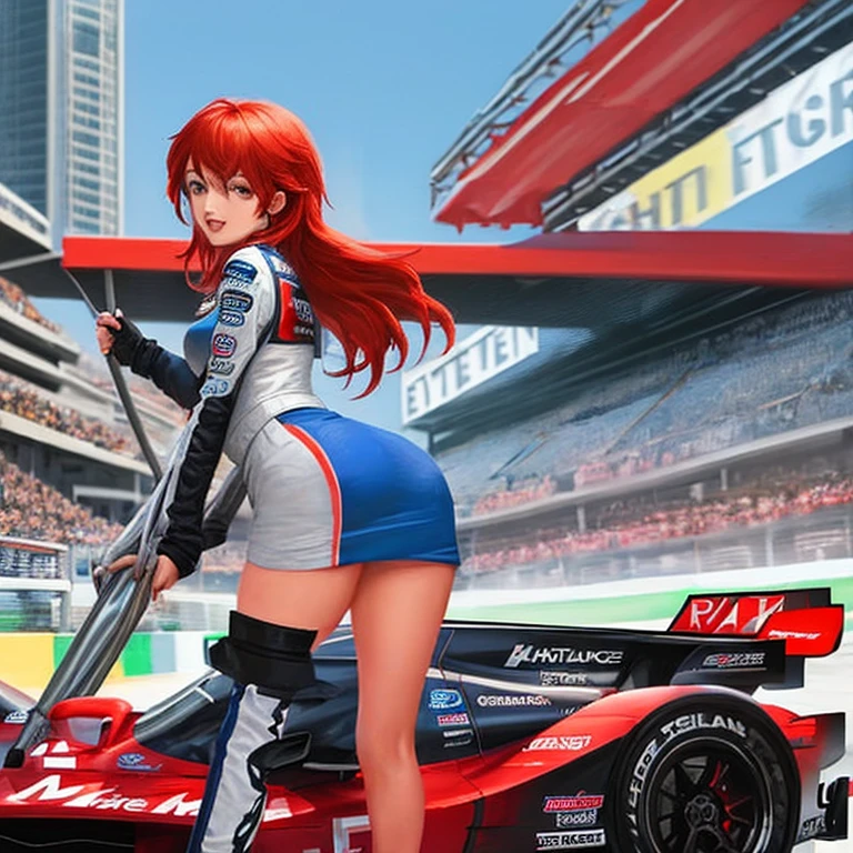 ((full body):1.5) (({Only one woman}:1.2):{((wearing red formula 1 runner suit)1.2), ((long blue hair down to shoulders, sparkling green eyes) 1.3), ((striking an erotic pose in a formula 1 car, looking at the viewer, smiling):1.3), ((extremely large breasts):1.2)}, \n (({Hypodromia from formula 1 racing, is in night, raining heavily, several people are in the stands}):1.3), anime, anime style, 16k, ((best quality, high details):1.4), masterpiece, UHD