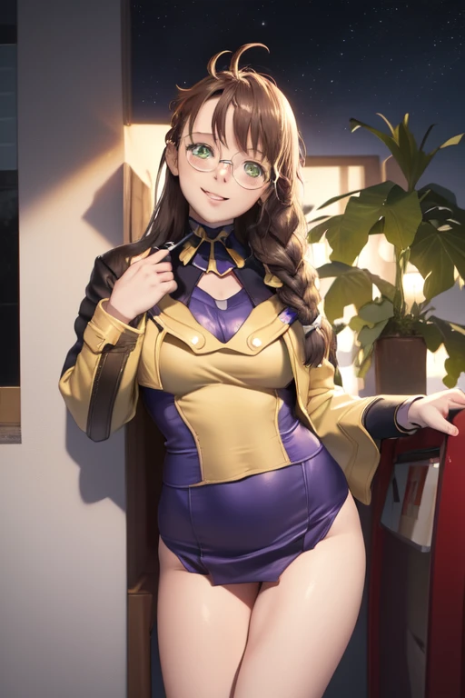 eye glasses、flat chest、highleg、The whole body can be seen from directly below、Delicate body、Gold Ponytail、Beautiful open legs、jaket