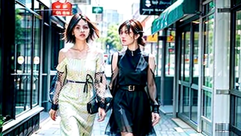A beautiful sister with a double ponytail in a floral dress goes shopping with a sunny and sturdy black leather brother