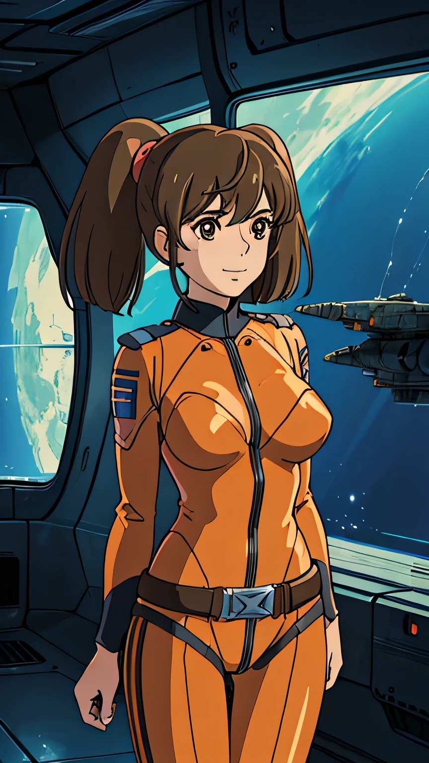 (s:1girl: misaki yuria), (extremely detailed CG unit 8k wallpaper),(master part), (best quality), (ultra detail), (best illustration),(Spaceship bridge), cowboy shot, (Sharp eyeliner, ombre, detailed eyes:1), break , (ghibli style), upper body, twintails
orange bodysuit, belt, large breasts, light smile, hands on own breasts