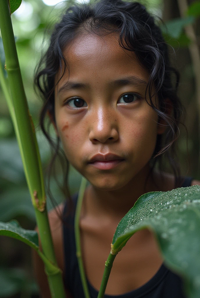 Indian Santali girl collects wood in the forest