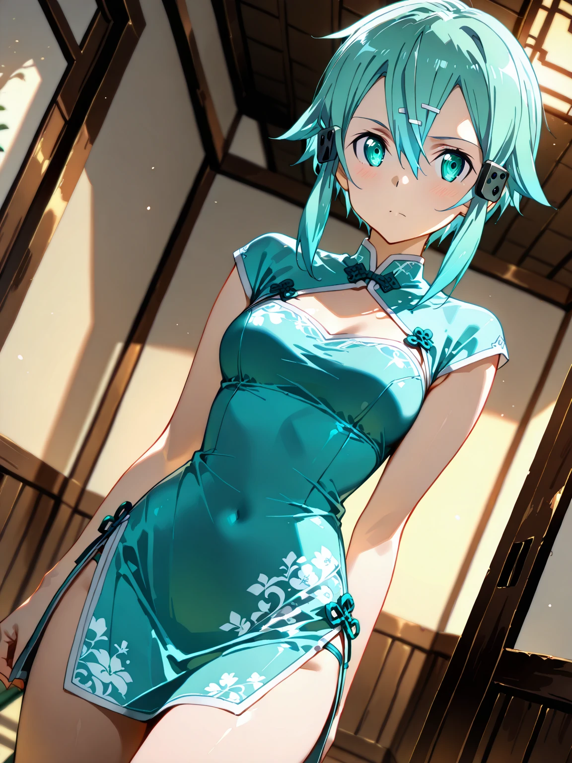 NSFW,masterpiece,Highest quality,High resolution,Super detailed,Sinon\(Sword Art Online\),(China dress),Bare shoulders,Cleavage, hair ornaments, Hair Clip,Embarrassed,expectant face,smile,blush,Chinese restaurant,Reception,Throw kiss