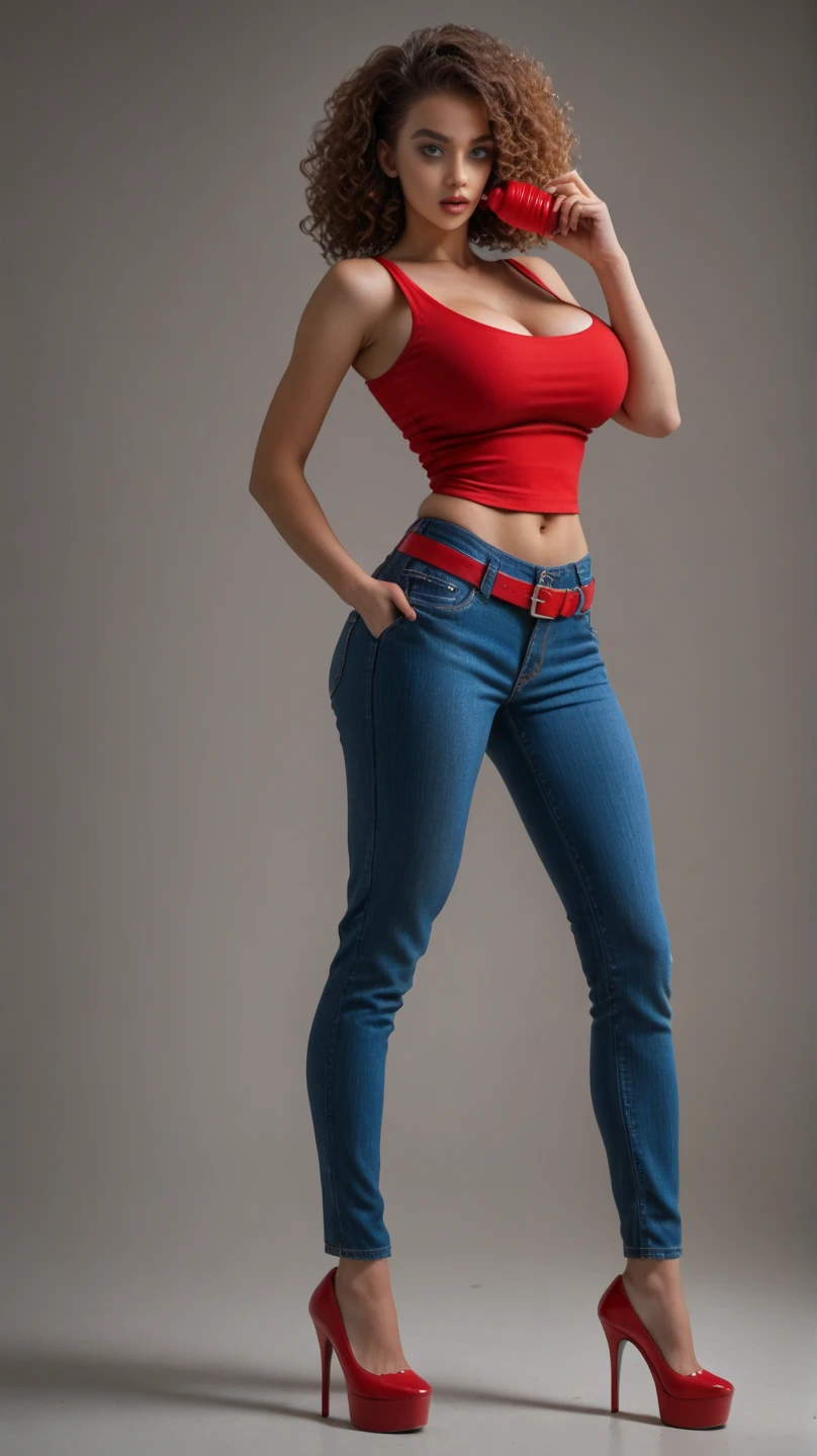 (RAW shooting, Photoreal:1.5, 8k, highest quality, masterpiece, ultra high resolution), perfect dynamic composition:1.2, Highly detailed skin and facial textures:1.2,beautiful and aesthetic:1.2, sexy beauty, perfect style, belief, Strong-willed, revenge, Fair skin, very beautiful face, (large breast:1.8, Chest gap:1.8), (beautiful eyes)(1girl, tall, long legs, navel:1.2, makeup:1.2, single braid, thicc tight:1.4, red color tank top,sleeveless,belt:2,red color jeans:2,plunging neckline:2),(simple background:1),(knees together),(full body photo:2),