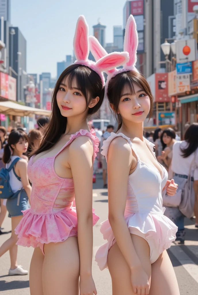 ​masterpiece, hightquality, beautiful countenance, a smile, multipel Girls, Female genitals, Bite, bunny, Bunny ears, bunny tail, Pink Bunny Suit, Leotard, a smile, cleavage of the breast,(Big H Cup), perfect round breasts, skiny, Perfect female body, ((narrow waists))), rich, high class, curlyhair, bangss, thighs thighs thighs thighs,is standing, looking at the viewers, red blush, Racy underwear), NSFW, (eyecontact)、The bustling streets of Gintama,Crowds, Night, Lit up, flawless skin、pretty skin、Soft skin、shinny skin
