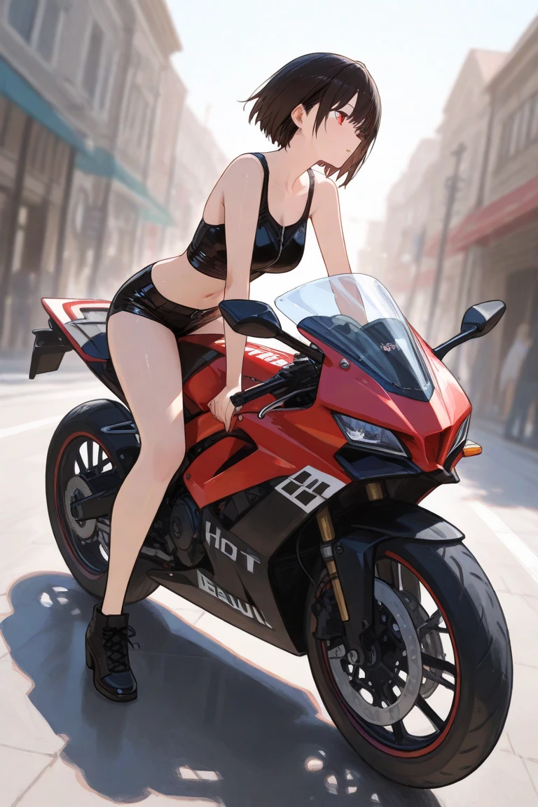(Highest quality:1.5, High resolution, uhd, 4K, Detailed lighting, Shaders), NSFW Misaka Mikoto,short hair　Brown Hair　Brown eyes　Cool face　　((Black bike shorts))++　Sports bra with a small area　Realistic sun rays　 Beautiful park