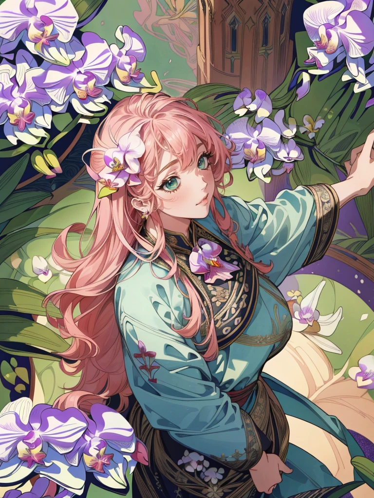 <lora:Tarot Card Style-000005:1> Tarot Card,1girl, tarot, pink hair, flower, solo, book, long hair, dress, star \(symbol\), holding, jewelry, petals, open book, long sleeves, blue eyes, blue dress, card \(medium\), cleavage, roman numeral, sitting, breasts, puffy sleeves, holding book, gem, cone hair bun, circlet, beads, leaf, braid, white flower, tree, hair bun, art nouveau, art by alphonse mucha