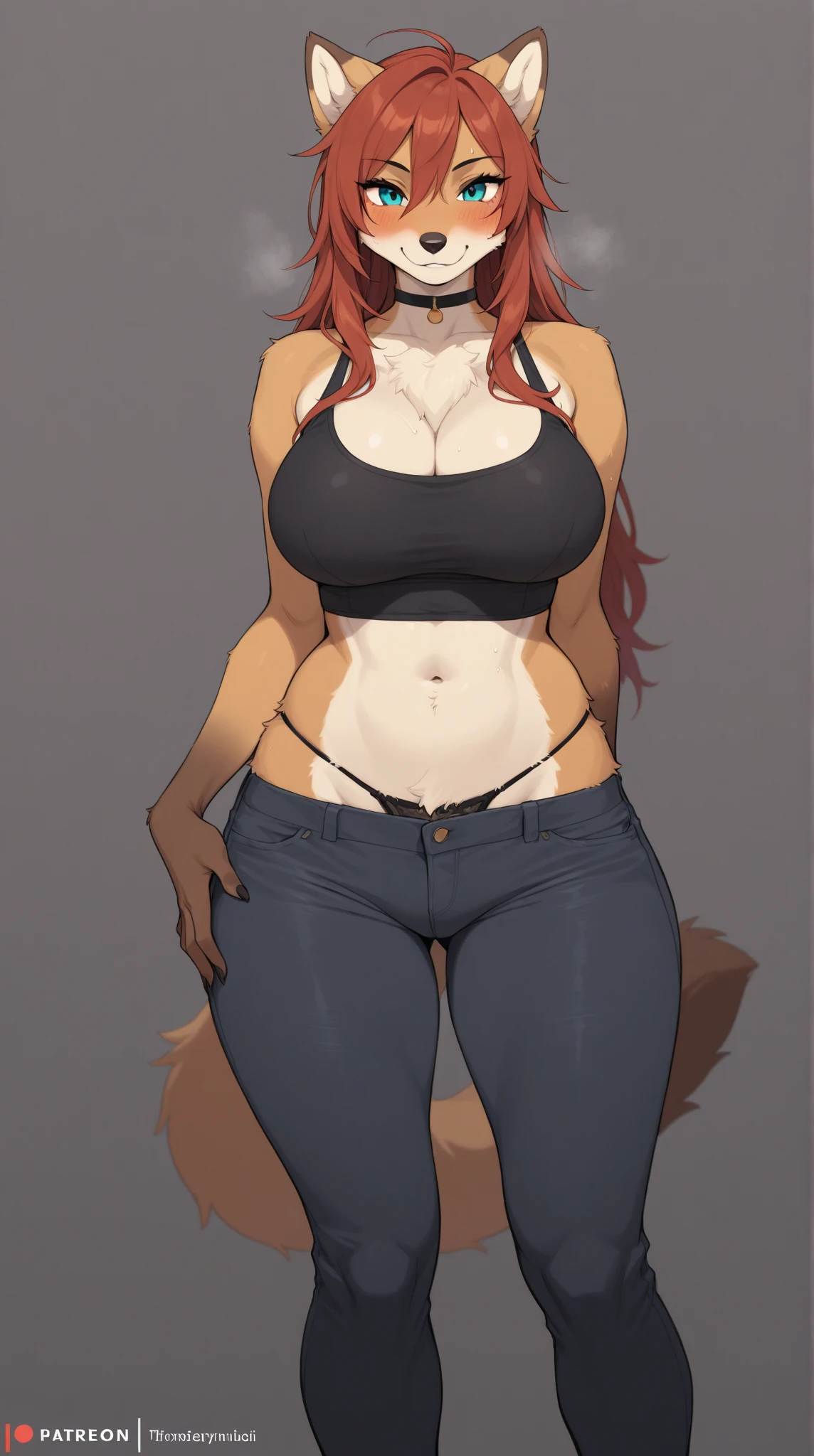Solo, standing, female, big breasts, canine, white fur, orange eyes, orange hair, glasses, muscular, By bebebebebe, by buta99, by chunie, by sonsasu, by danza