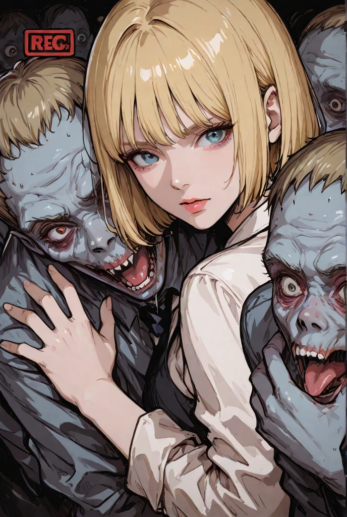 dark, horror, psycho, gore, creepy, blood, head split, disfigured, brutal, blood, bloody, violence, r18, insane, woman with a blonde bob and blue eyes