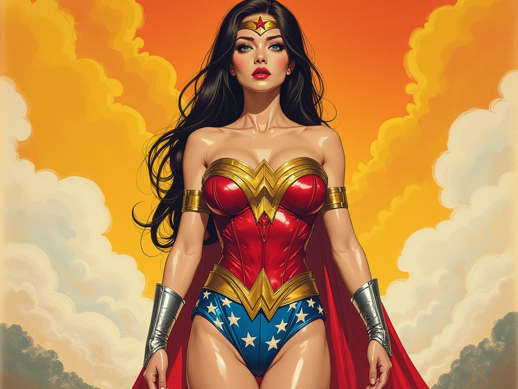 (THICK MUSCULAR ARMS:1.4), (THICK MUSCULAR LEGS:1.4), ( THICK MUSCULAR TORSO AND CHEST:1.4) A MUSCULAR FEMALE, WITH LONG BLACK HAIR, BLUE EYES, WITH A SEXY BODY, WEARING A CLASSIC 1960 LYNDA CARTER WONDER WOMAN COSTUME AND RED CAPE. ABSURD 8K RESOLUTION, INCREDIBLY DETAILED SKIN AND EYES,