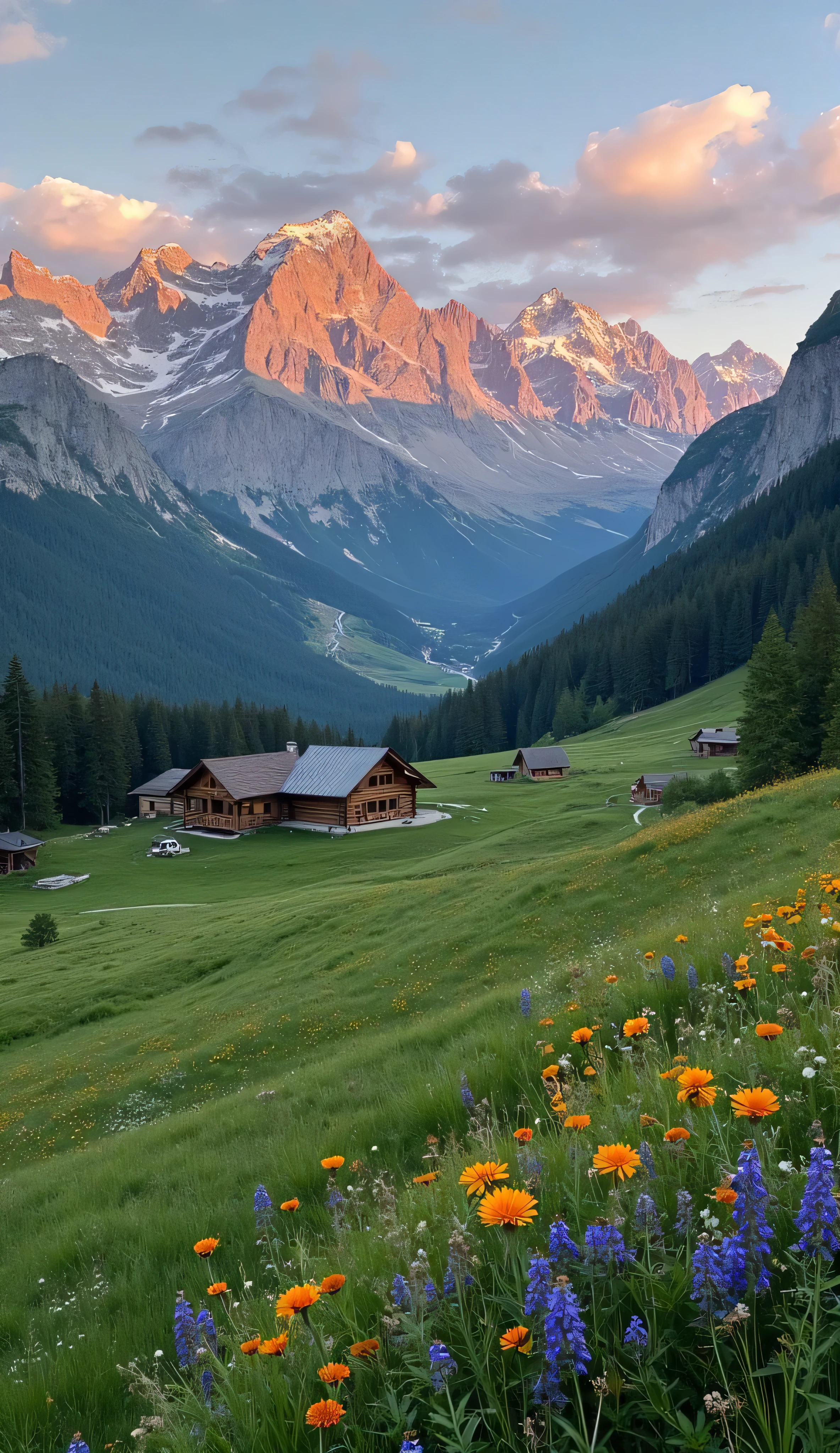 A peaceful alpine valley at early evening, surrounded by snow - SeaArt AI