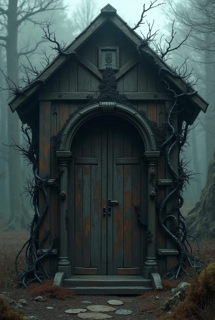 highly detailed photograph of a dark fantasy landscape, wooden door in the shape of a keyhole in the side of a rock face with gnarled tree roots twisting around it, a gazing eye starring from the hillside above a doorway, a leaning tree at the top of a hill, dark gothic fantasy, medieval ruins <lora:add_detail:0.7> <lora:DestroyedPortrait-000150:0.5>
