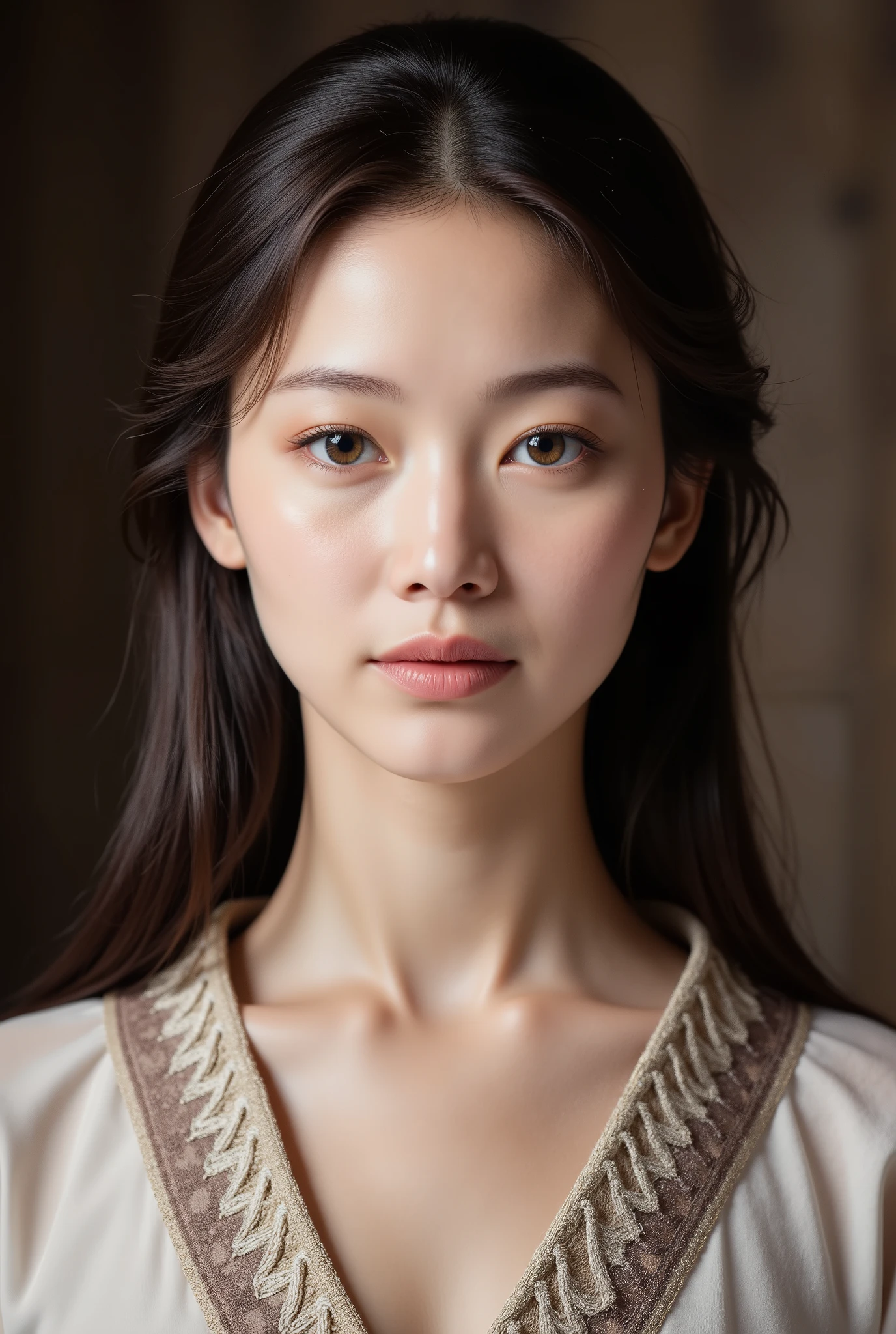 (masterpiece), breathtaking ancient woman, (ancient dress), (close up portrait), neat and ordery hair, (frontal view), highlighted intricate details, ultra detailed facial features, harmonious color palette, showcasing grace and beauty, winning award quality, (symmetric face), (symmetric body), ultra-detailed, 8K resolution, capturing cultural essence in exquisite artistry, serene and enchanting ambiance.