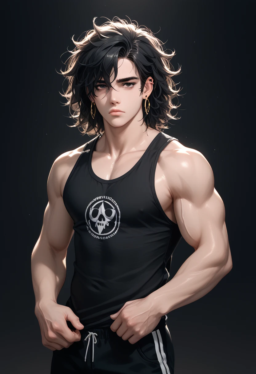(best quality,4k,8k,highres,masterpiece:1.2),ultra-detailed,(realistic,photorealistic,photo-realistic:1.37),portrait,medium:oil painting,20 year old man,fierce stare,strong muscular build,toned physique,kickboxer,in the prime of his youth,exudes confidence,in a dynamic fighting pose,glistening with sweat,punching bag in the background,dramatic lighting emphasizing his strong features,intense expression,short hair styled in a trendy and edgy way,sharp jawline and chiseled facial features,rippling muscles,visible veins on his arms,beautifully defined abs,straps of his boxing gloves tightly wrapped around his hands,tattoos adorning his arms and chest,revealing a glimpse of his rebellious personality,deep shadows and highlights creating a sense of depth,contrasting colors adding vibrancy and energy to the composition,rich earthy tones with pops of bold and vivid hues,creating a captivating contrast with the background,exuding strength and power.