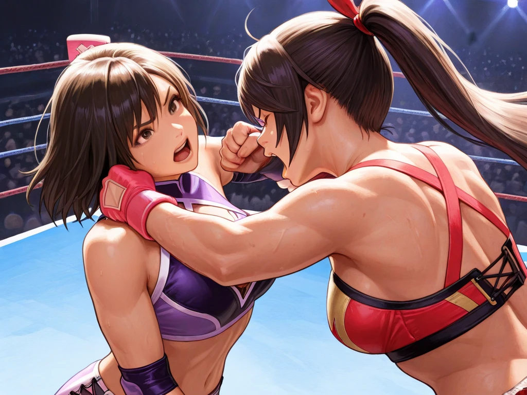 1 woman 1 man, beautiful female fighter vs male opponent, female fighter superiority, office lady, tight skirt, light brown hair, boxing globe, punch attack to male opponent, sweat, smirk, open mouth, POV, at wrestling ring, spotlight
