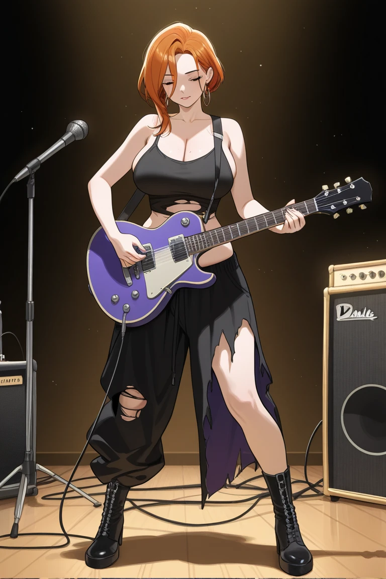 (((Only 1 woman))), ((lower camera shot, side shot)), masterpiece, 8k, high quality, ultra detailed, anime style, CG Unity, beautiful anime woman, ((30 years old,  rockstar, bass_guitar player)), (((pale skin: 1.3))), wearing sexy (((leather outfit, miniskirt))), (((cleavage: 1.3))), (((blue_punk_style hair))), blue eyes, ((perfect body)), (((breasts:1, waist:1.1, hips:0.9, toned legs:1))), looking directly to camera, sexy gaze, sexy smile, ((lucious lips)), (((playing bass guitar, sexy pose))), it is an (((artificial lighted scene))) in a rock stage club
