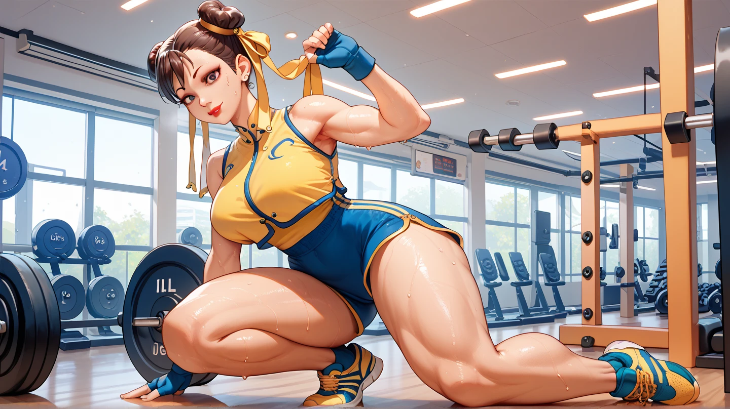 (masterpiece, best quality:1.4), 1girl, solo, chun li, skintight, long hair, 2 ponytails, bare shoulders, looking at viewer, beautiful smile, beautiful face, highly detailed face, highly detailed eyes, subsurface scattering, realistic pupils, full face blush, full lips, detailed background, depth of field, volumetric lighting, sharp focus, absurd res, realistic proportions, 16k hdr, fullbody, street fighter, musclar, abs, flexible, gym, toned, musclar legs, detailed legs, detailed body