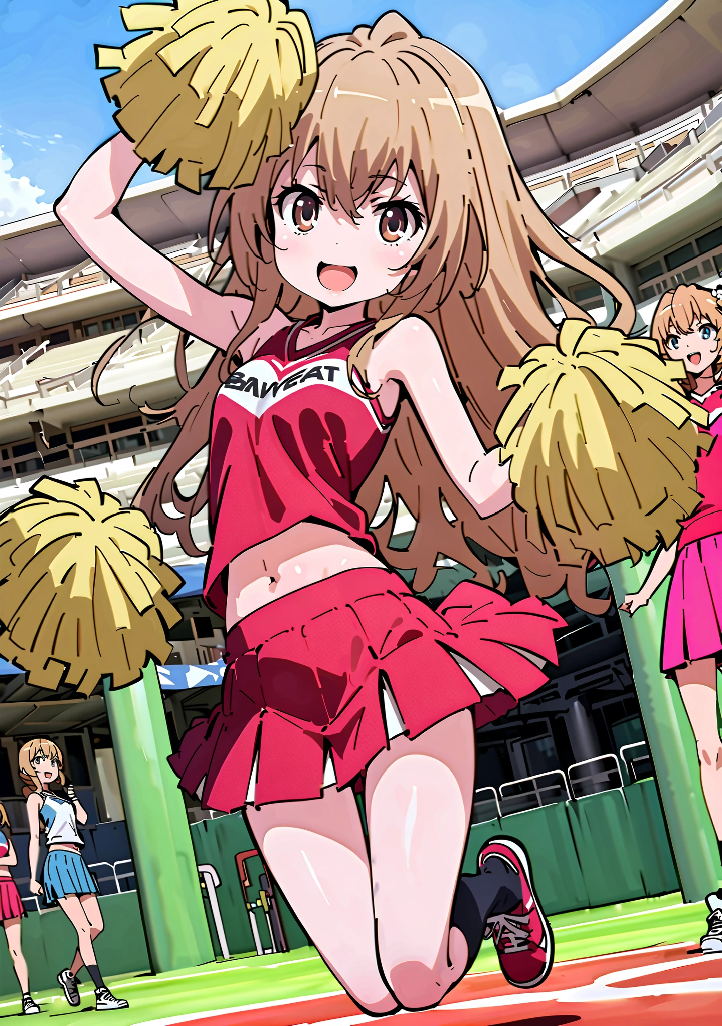 TaigaAisaka, Aisaka Taiga, solo,long hair, brown hair, long hair,brown eyes,Glowing Skin,smile,cover,opens her mouth, small ,(Cheerleading), (full body), on chest, (I sweated), I sweated Wet Clothes, (Red clothing),sleeveless, red pleated skirt,black socks,sneakers with a ladyback letter,belly button stick, playground, (jump), (jump), 足を曲げてjumpする,blue sky, Compa, smile,cheerleader, Pom-pom \(Cheerleading\) real hair ornaments,angle from below,audience,full bodyがイラストに入るように,break outdoors,Stadium,
break looking at viewer,full body,
break (masterpiece:1.2),Best Quality ,Kampala,unity 8k 壁紙,(shape:0.8),( fine and beautiful eyes :1.6),It's a person ,full body写真,CG Details , (perfect hand,complete anatomy),