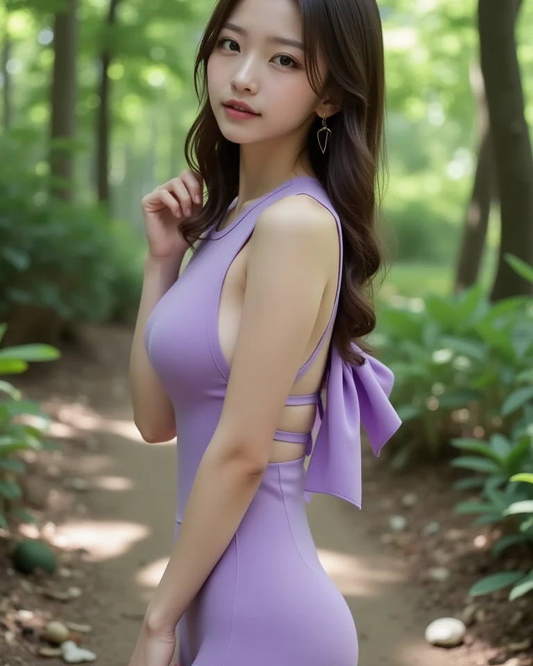 Tzuyu 1, woman, (Realistic), (Hyperrealism), (photoRealistic), Written boundary depth, eye make up:0.7 (whole body:1.8), (Large Bust),(Tight waist), Observe the audience,At the flower garden, Fashion Model, A sexy sheer dress with open shoulders and neckline
