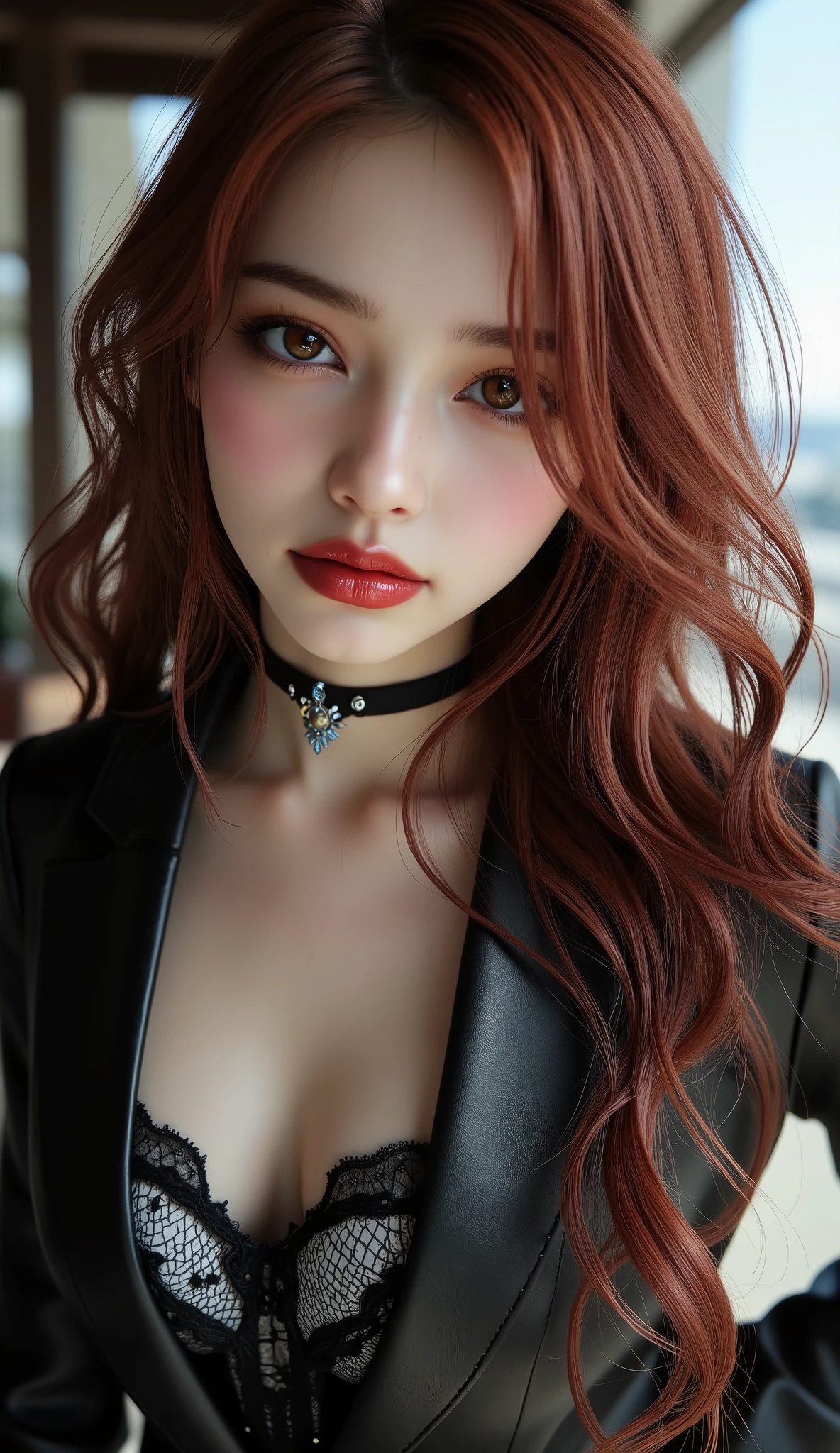 Medieval town center, cute girl, leather dress, redhead hair, blue eye, cleavage, perfect face, detailed face