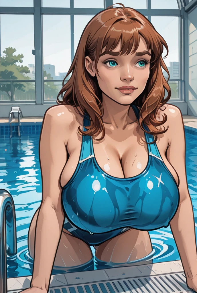 Gorgeous and sultry busty athletic (thin) brunette with sharp facial features and a (long, slicked-back hair) and (huge boobs) wearing a star-spangled bikini, Americana, swimming pool.