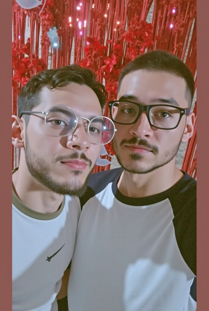 Gay couple Iranian boy with light brown skin and cuted short stubble with man bun hair style with white t-shirt and big nose kissing another boy with white skin with Oval hair style in Tehran city at stary night with fireworks