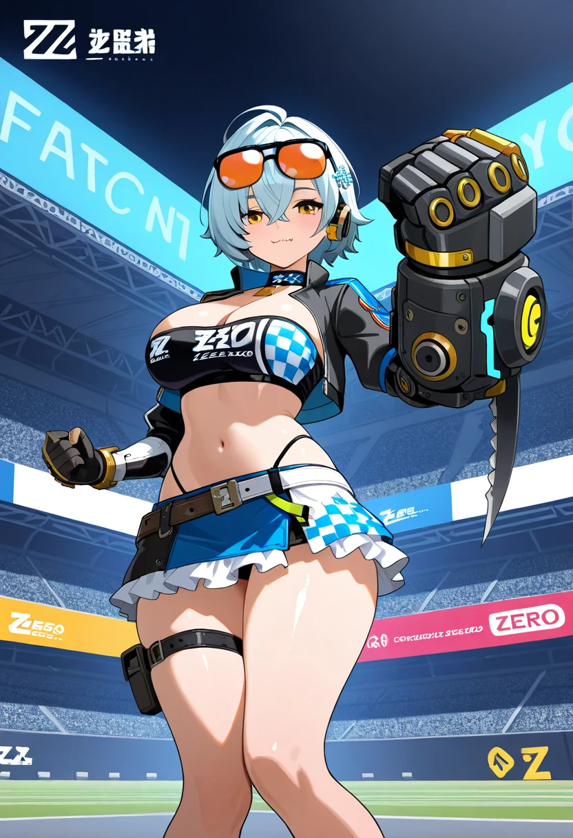 masterpiece, best quality, highres, bbenter, long hair, ponytail, baseball cap, eyewear on headwear, sunglasses, large breasts, cleavage, halter dress, sleeveless, single gloves, white belt, miniskirt, thighhighs, <lora:enterprise_v1:0.7>, smile, outdoors, standing, cowboy shot