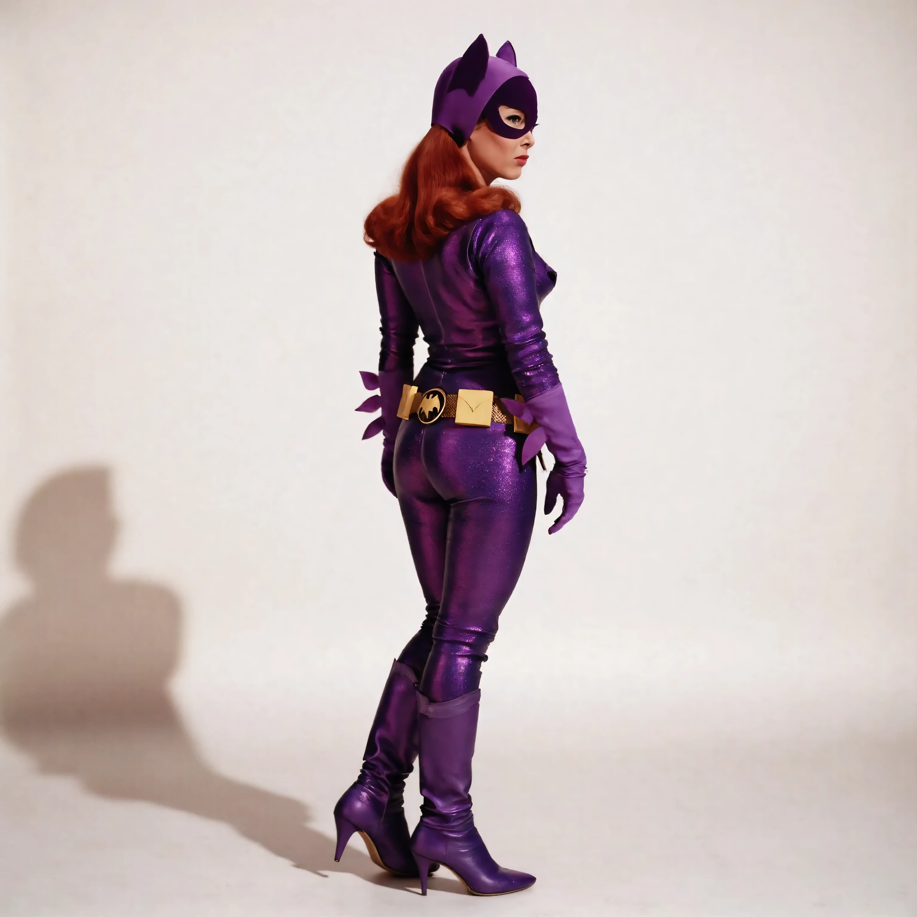 B4tg1rl WOMAN, Yvonne Craig woman, Yvonne Craig as Batgirl, batgirl, 60s Batgirl, retro purple Batgirl costume, backside view, ass view, retro red hair, makeup, purple Batgirl gloves, full purple Batgirl cowl, purple Batgirl mask, purple Batgirl purple gloves, sexy purple leather knee high boots, wide hips, muscular waist, medium chest, sculpted abdominal musculature,