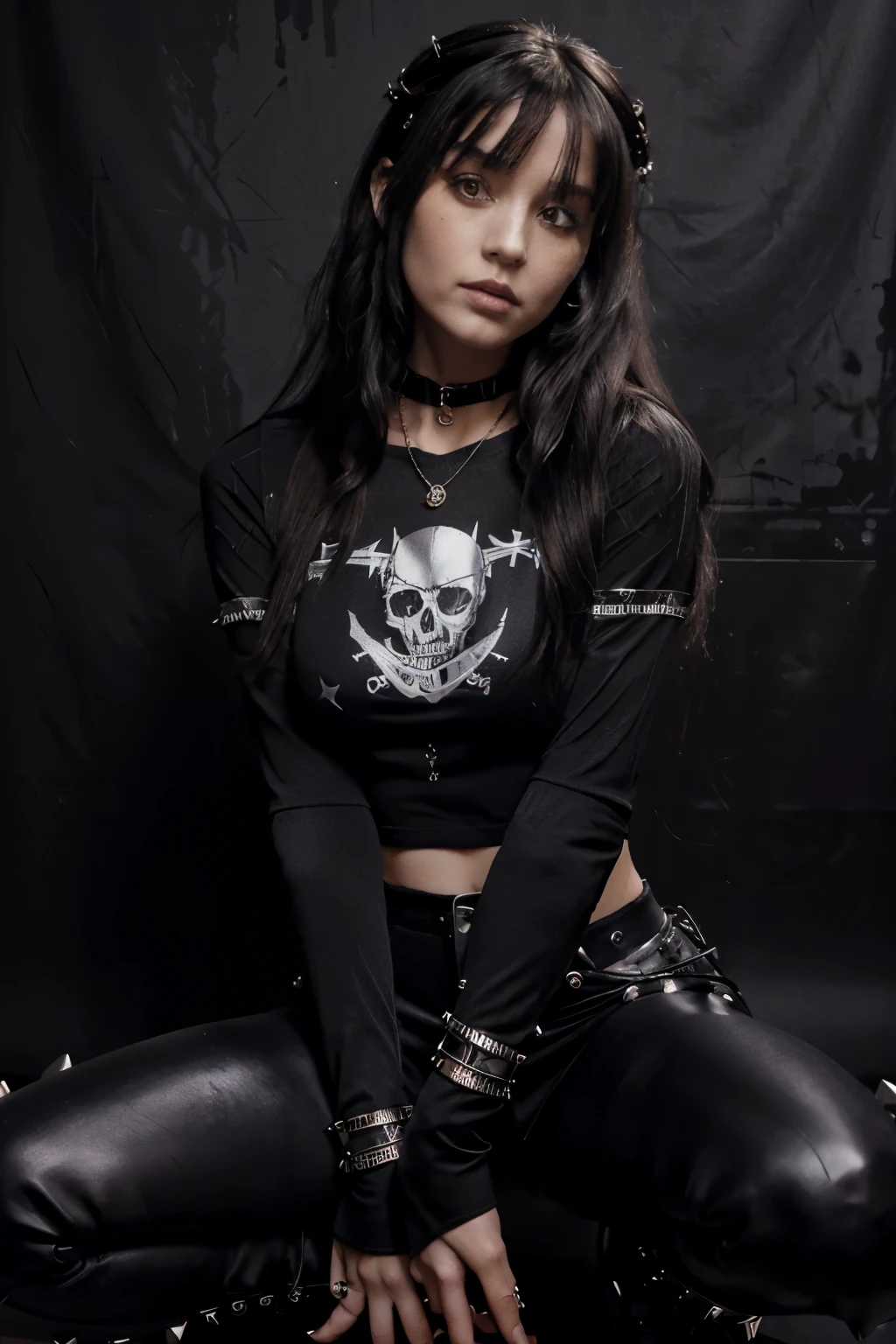  a woman, Long black hair with pink details in her hair., wearing a choker, Gothic art, Lots of details,  wears shiny lipstick , ultra realistic image, dark hair bangs, Beautiful Appearance ,  mischievous goth girl Charlotte , Upper body photo, ((The woman wears a tight t-shirt with a skull print.)),
  ((She wears tight black pants and black high-heeled shoes with metallic details.)), ((She wears a metal necklace with the shape of a skull.)), ((On her wrist she has a metal bracelet with spikes.)), ((he has a metal ring on each of his fingers.)), (( her physical build is slim with prominent bones ))