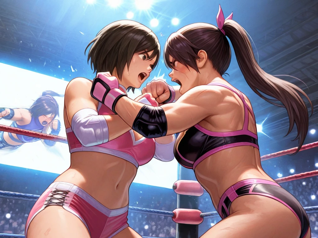 NSFW , Fullbody drawing wide view , Kawaii face , hentai Porn Game style , The Sexy oppai boxing wars , In boxing rings , Wear “Japan National Team“ athletic Olympic Blue costume , Fighting Two boxer girls , Wear boxing groves with Defence pose, So huge oppai.