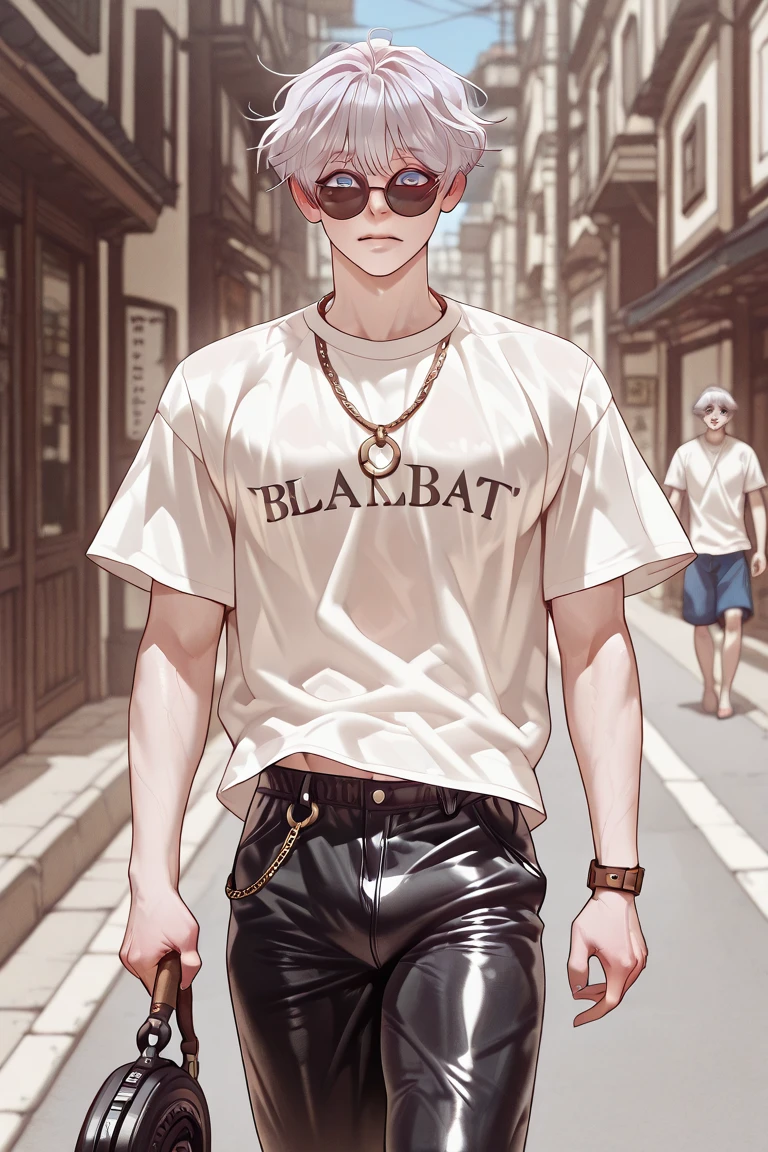 albino young man male lead wild big huge broad shouldred ,athletic male Bodybuilder big male Mesomorph round permanent nips under tshirt male serratus torso,white short up hair pants , blue eyes upwards eyes male , male big body ,wea sroyte Heart Slip Chain Necklaces for men, Stainless Steel O-Ring lower body male huge shoulders and male , wear tight t-shirt short bottom in in his leather pants ,wear round sunglasses ,walking in street 