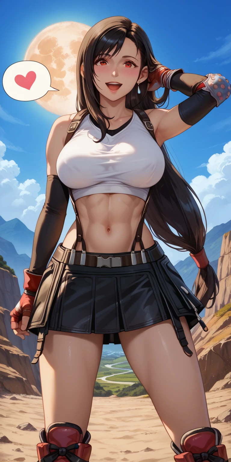 ((masterpiece)), ((best quality)), ((anime)) girl, ((Tifa Lockhart character)), ((beautiful body)), pale skin, ((eyes)), eyebrow, (( ear)), happy, smile, hair, ((hair lights effect)), ((clothing)), (arms), thin waist, ((thick legs)), ((big thigh)), standing, ((background scenery)), ((world of old)), ((seeing)), ((swaying hair)), ((field of flowers)), ((mountain)), ((flying leaves)), ((beautiful day)), pov, ((viewer view)), ((want to hug)), ((blush)), lustful,