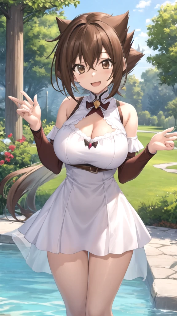 Masterpiece、Anime Coloring、Ultra fine、、Brown Hair、short hair、Yellow-green eyes、Open your mouth wide、Lower Angle、cowboy shot、looking at the camera、smile、blush、Watery eye、Parted bangs、Off the shoulder、Leaning forward、garden、blue sky、sunny、Small breasts、Deer horn