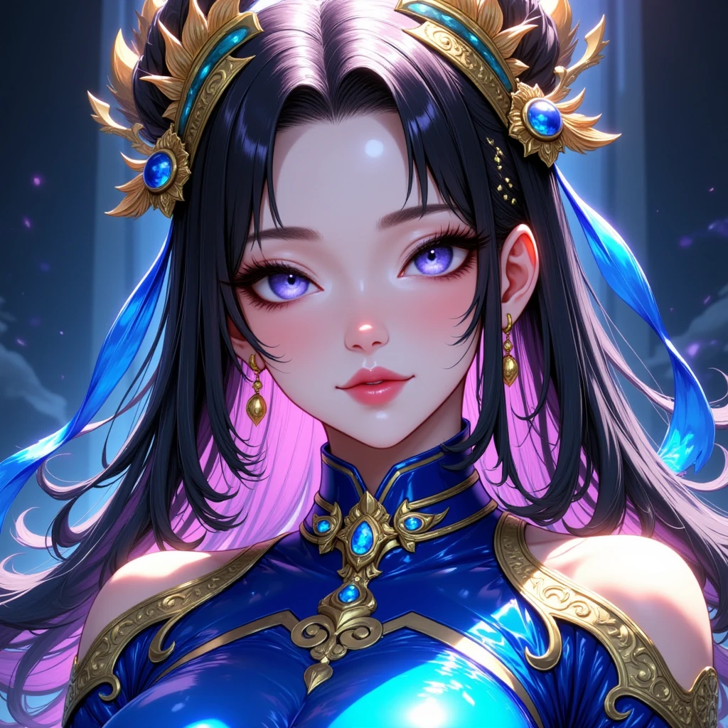 Asian beauty with lightning, 2, black hair, Mishii Heavenly Magician, floating in the sky and overlooking the city, wrapped in a thunder dragon, unleashing fierce lightning magic from both hands to the city, Mishii Fantasy Empress, highly detailed goddess shot