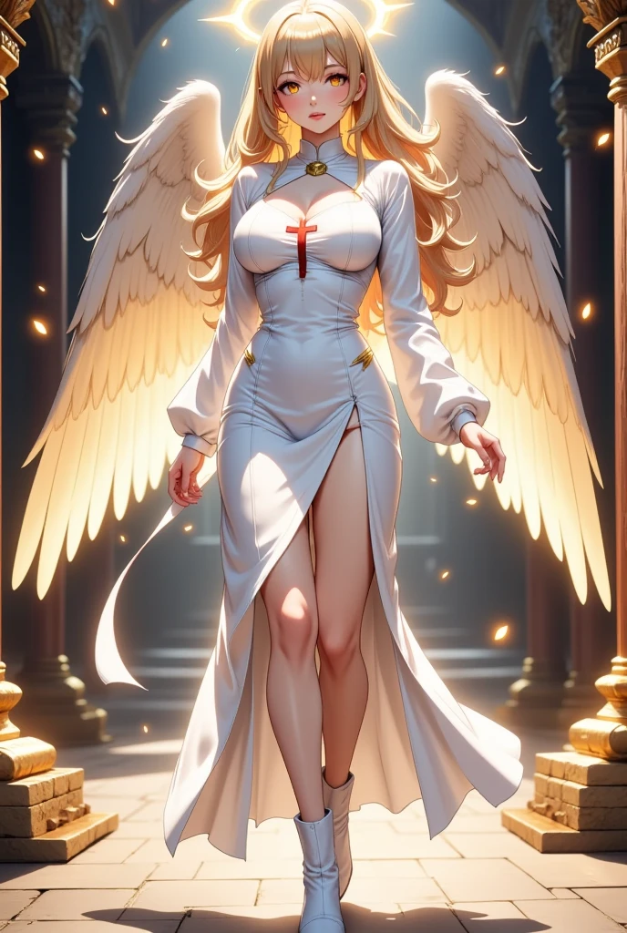 symmetry, portrait, full body shot, 8k, super detail, accurate, best quality, 16k, highres, best quality, award winning, super detail, anatomically correct, masterpiece, retina, UHD, Ombre, Smile, Cleavage, Pure, High heels, Laces, Glitter, No bra, Offshoulder, Highly detailed facial and skin textures, Detailed eyes, (photorealistic:1.4, clear:1.2, perfect body, beauty:1.4, slim abdomen:1.2, big breasts:1.2, fit:1.5, full-body shot:1.4, random hairstyles:1.2), choker, 1 angel girl, shining wings, shining halo, exquisite headdress, beautiful female angel, large wings, white hair, white wings, ((red dress, red theme)), on clouds, golden eyes, red background, attractive legs, sexy legs, tall legs, beautiful angel, attractive angel, ((full body female angel)), clouds, ((full body photoshoot, full body, far view, full body in view, heels in view, shining halo over head, extremely bright halo, halo)), slim figure