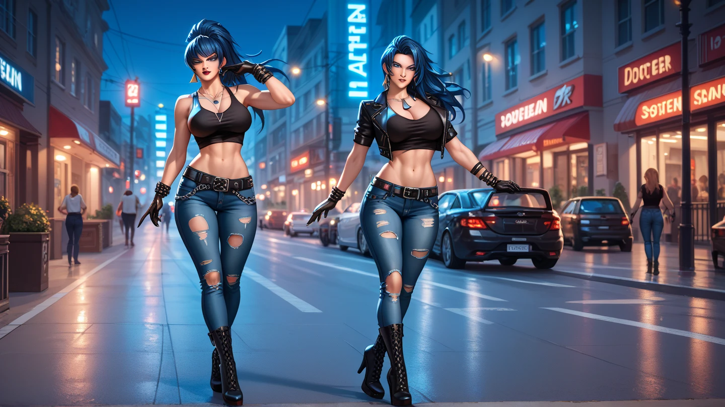 A sexy woman with big breasts and an athletic body walking on a red-lit avenue, luzes amarelas e azuis cabelo short jeans afro camisa regata